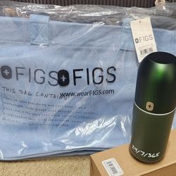 FIGS BUNDLE! Figs Large Dusty Blue Tote Bag + Figs Travel Tumbler