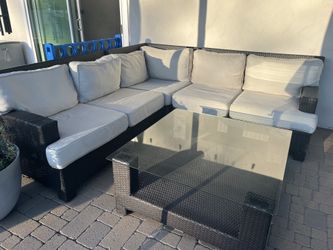 Outdoor patio sectional (couch), coffee, table, and chair – complete set