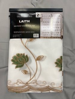 Floral Green Embroidery Panels w/ Attached Valence