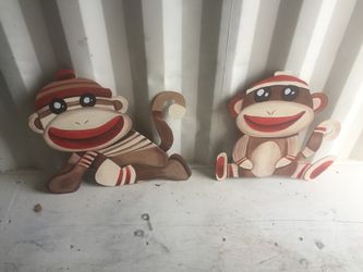 Sock monkey wood cut outs hand painted