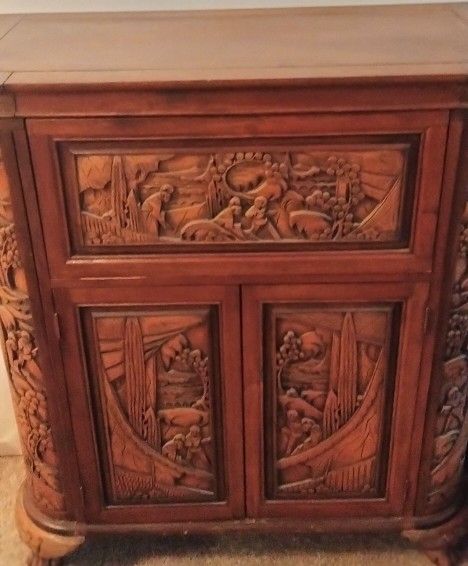 Hand Carved Wood Wine Cabinet