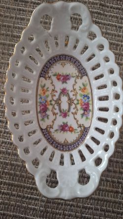 Vintage Porcelain Reticulated Oval Dish Floral Design