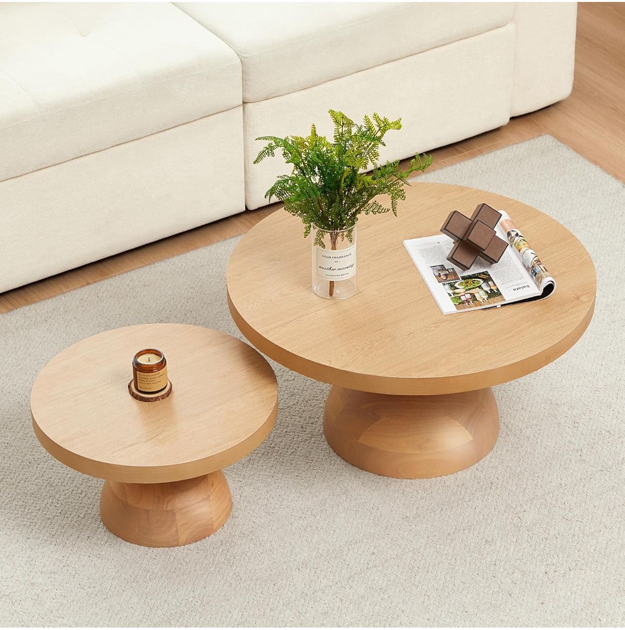 Solid Wood Round Nesting Coffee Table Set of 2, Circle Accent Tables with Unique Semi-Circular Legs, Mid Century Modern Side End Table Set for Small S