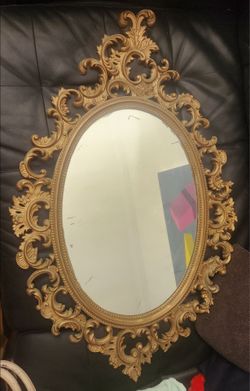 Vintage 1964 Burwood Gold Ornate Scrolled Victorian Style Mirror, Oval 33" x 21", READ