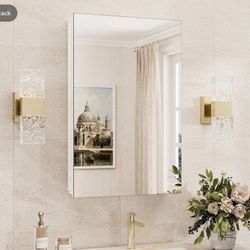 TokeShimi 16x26 Farmhouse Medicine Cabinet Recessed or Surface Mount Aluminum, Tempered Mirror with Adjustable Storage, White Bathroom Mirror Medicine