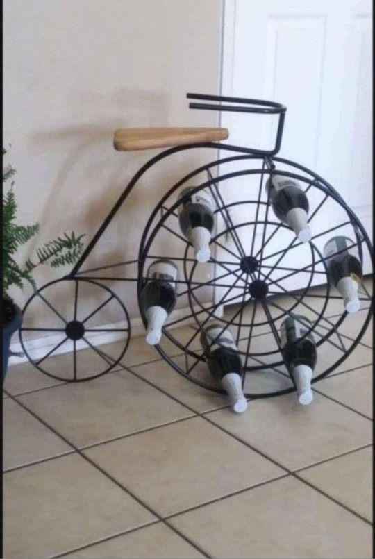 ANTIQUE RARE IRON PENNY FARTHING FLOOR STANDING BICYCLE WINE BOTTLE 12 HOLDERS