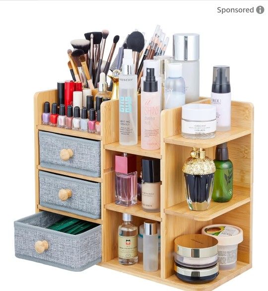 Elegant Bamboo Makeup Storage with 3 Fabric Drawers