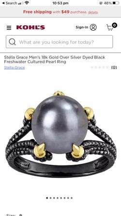 Stella GraceMens 18K Gold Over Silver Peal Black Ring