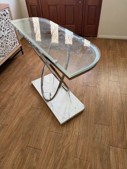 Modern White Faux Marble Entryway Table with Silver Mirrored Stainless Steel Base Luxury Accent Sofa Table