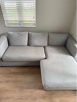 Gray 3-Seat Sofa, L-shaped, Fabric, Soft Cushions, Deep Sitting