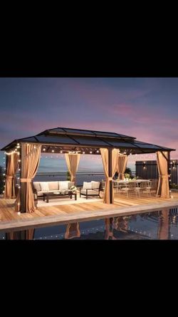 Relax &Cozy in Nice Gazebo 20 ft. x 12 ft. Outdoor Brown Polycarbonate Double Roof Gazebo with Curtains and Netting for Garden, Lawns, Patio Top Br