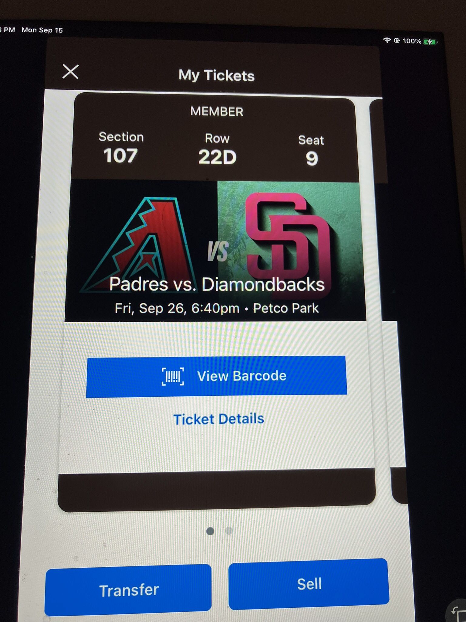 2 PADRES/D-BACKS TICKETS,  FRIDAY, 9/26, SEC 107, ROW 22D