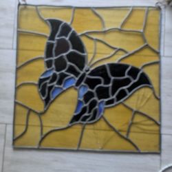 Vintage 22x22 Inch Butterfly Stained Glass Window. 