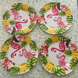 Real Living Set of 4 Tropical Pink Flamingo Pineapple Melamine Dinner Plates new