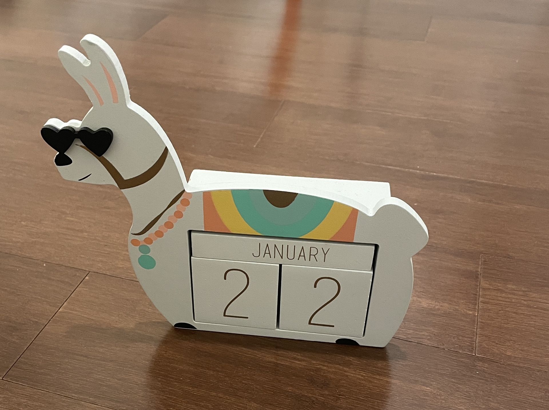 Nanette Lepore Wooden Block Perpetual Calendar Daily Desktop Llama in Sunglasses
