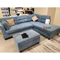 Fabric Sectional Sofa with Right Facing Chaise, Storage Ottoman, and 2 Accent Pillows  103"X81"X37"H