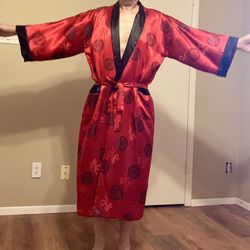 Mens Robe Red Embroidered Dragon Silky Satin Chinese Asian Japanese Kimono Wrap