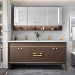 68 inch suspended bathroom large capacity double sink bathroom vanity | smart defog mirror and vanity mirror LED light, ceramic sink