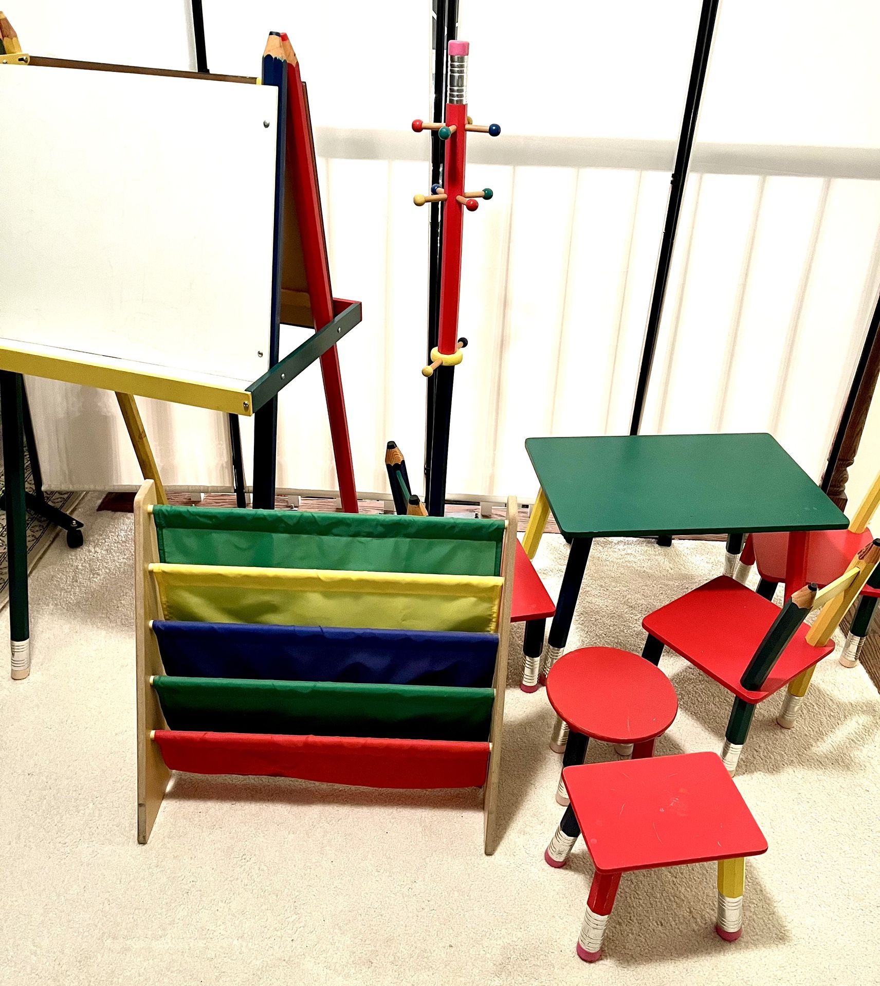 Kids Pencil Table, Chairs, Stools, Easel, Coat Rack, Book Rack ($85 For All)