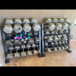5-80s Hex Dumbbell Set With Two Racks