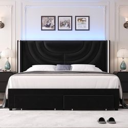 King Upholstered LED Bed Frame with 2 Storage Drawers, Velvet Platform Bed with Wingback Headboard, Solid Wooden Slats Support, No Box Spring Needed, 