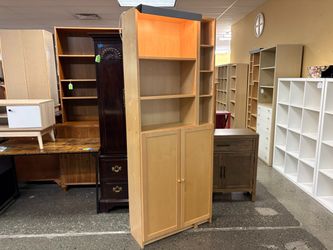 IKEA Blonde Asymmetrical Lighted Bookcase w/ Cabinet Doors