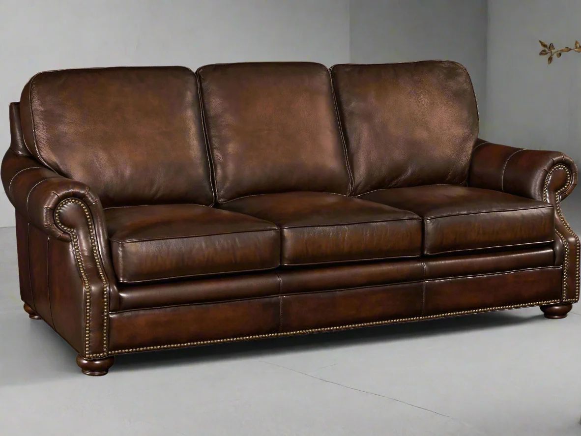 Hooker Furniture Sedona Chateau Dark Wood Brown Leather Sofa Couch FFE258-357 ( Please Look At Photos )