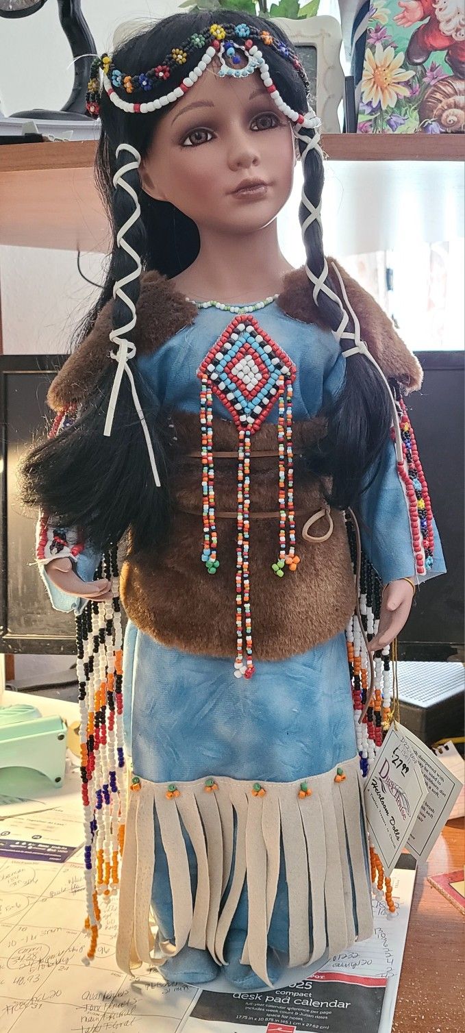 Native American Large Porcelain Doll With Stand