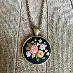 Elegant Hand Embroidered Pendant on Brass Metal Chain