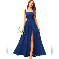 NEW Square Neck Chiffon Navy Blue Formal Dress With Pockets