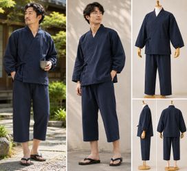 Japanese Cotton Loungewear Set Men’s Navy Wrap Jacket Elastic Waist Pants M
