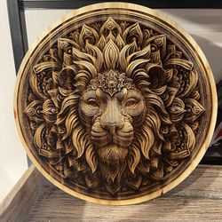 Intricate 9 3/4” Lion Carving In Pine