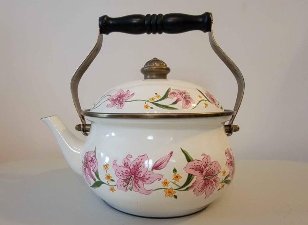 Normandy NY Enamel on Steel Vintage Kettle Tea Pot Pink Tiger Lilies Brass