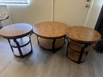 Set Of 2 Wooden End Tables & Rolling Coffee Table
