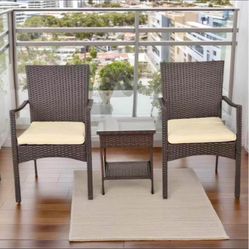 3-Piece PE Wicker Outdoor Patio Furniture Set with Removable Washable Cushions and Glass Table