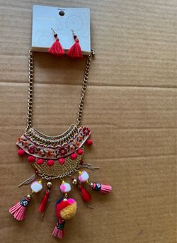 Boho Necklace Matching Earrings, Collar Bohemio Aretes Juego jewelry, joyeria Pom Pom tassel beads