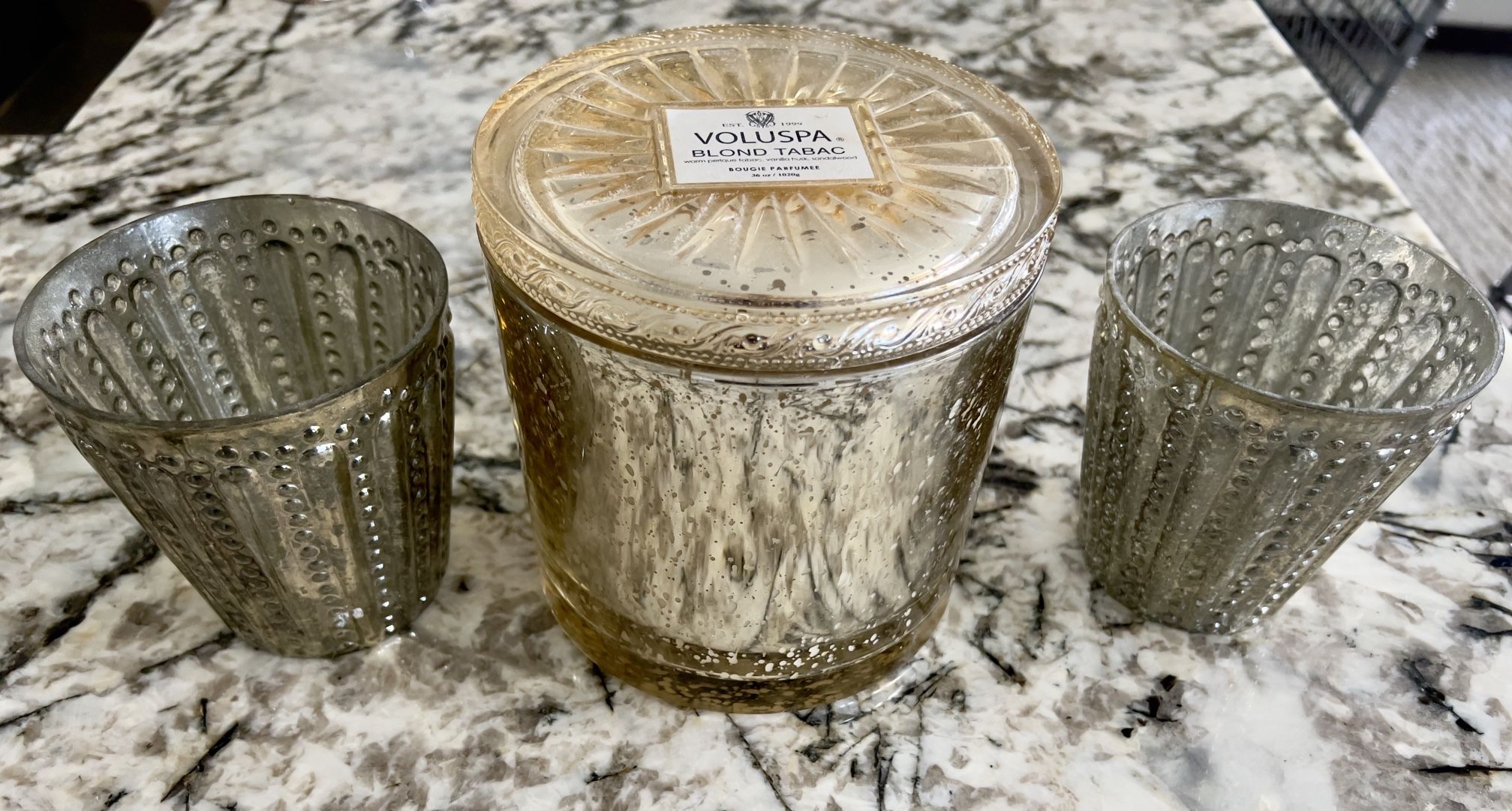 Voluspa Grande 3 Wick Candle & Mercury Votive Holders