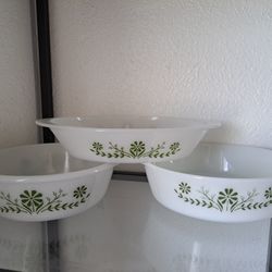 3 Vintage Glasbake Primrose green floral Casseroles And Vegetable Dish