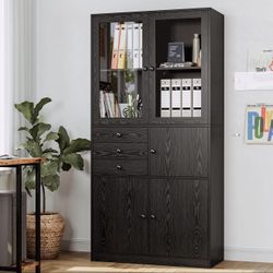 IRONCK Bookshelf and Bookcase Glass Door and Deep Drawer, Cubby Display Book Shelves, Modern Wide Wood Etagere Shelving Unit for Living Room, Black