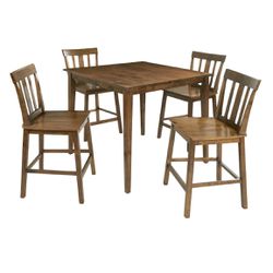 Mainstays 5 Piece Mission Counter Height Dining Set, Solid Wood, Cherry Color for Home. One table is a little bit damaged