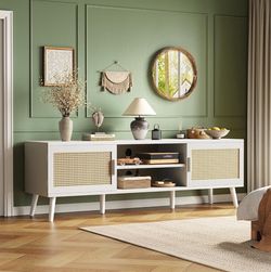 Mid-Century Modern White TV Stand with Rattan Doors