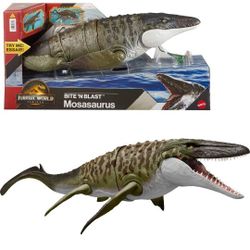 Jurassic World Rebirth Bite N Blast Mosasaurus Action Figure and Mini Dilophosaurus Toy
