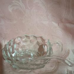Square Crystal Diamond Cut Condiment Dish With Handle And Glass Spoon
