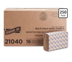 Genuine Joe 21040 Multifold 1-Ply Towels, 250 Sheets/Pack - 16 Packs/Carton, Natural