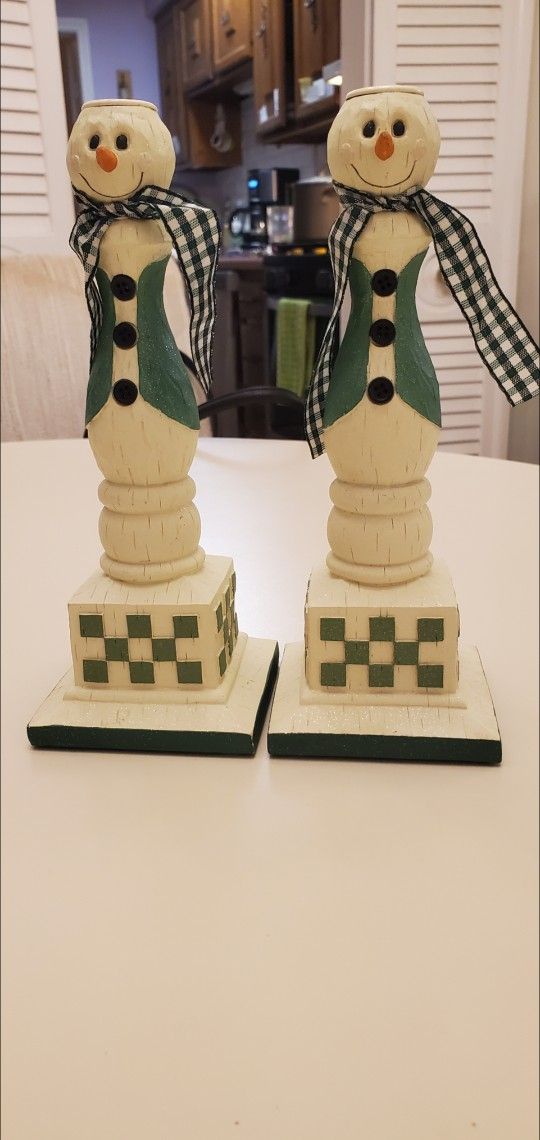 FOLK ART SNOWMAN CANDLE HOLDERS