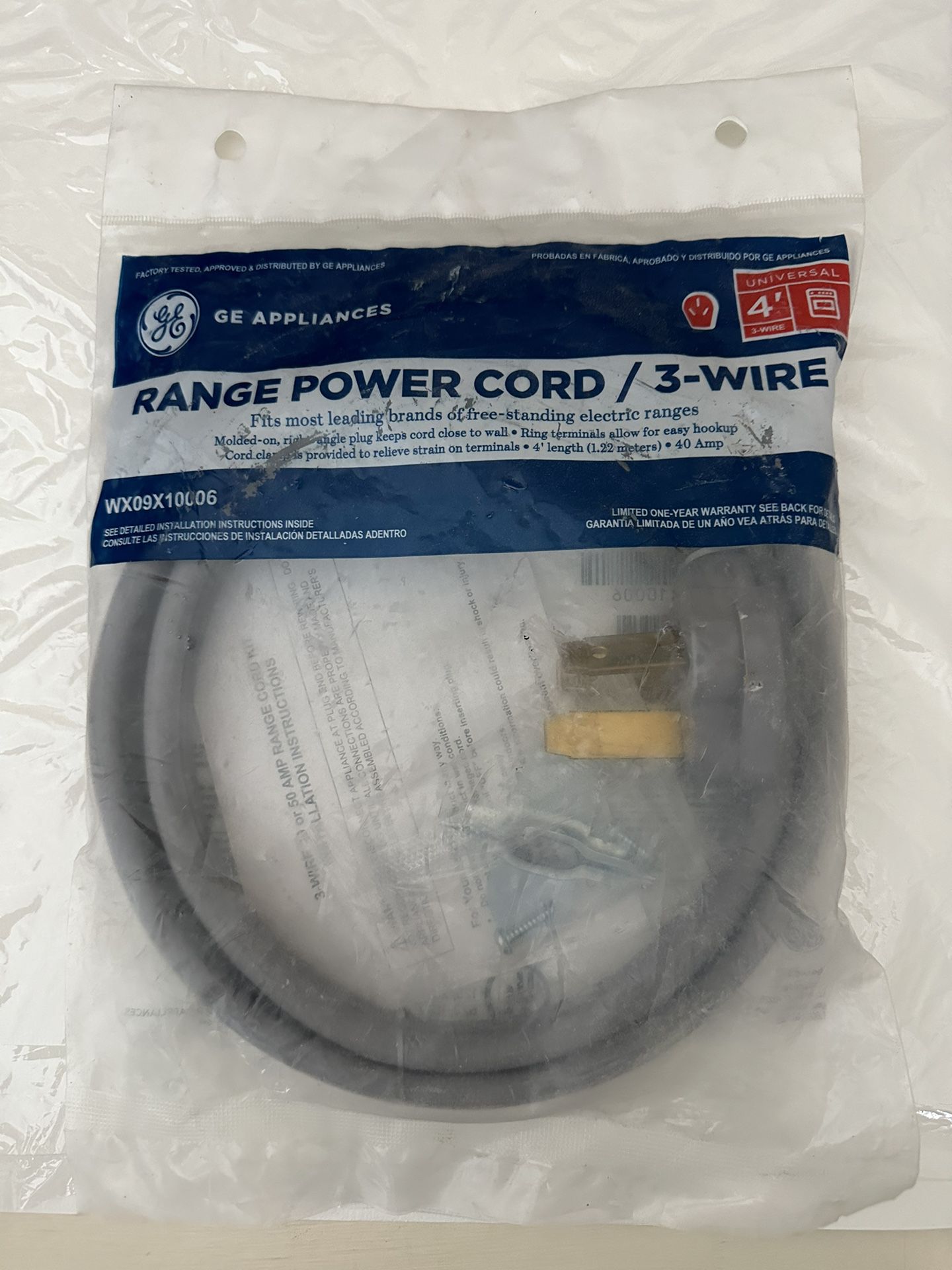 GE Range Power Cord- 4 Foot 3 Wire- New