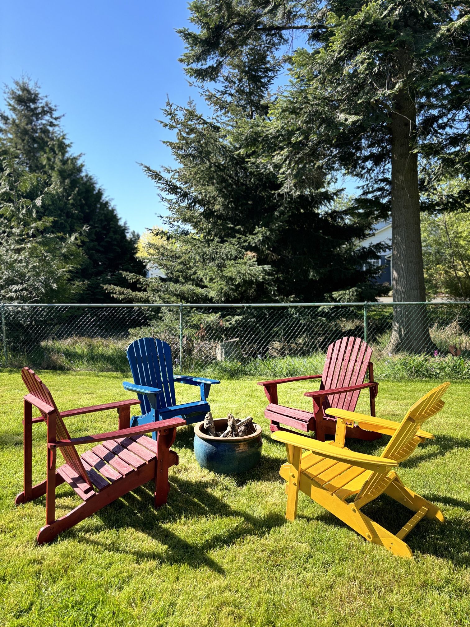 4 Vintage Adirondack Wood Chairs, One High End Stoneware 20” Planter