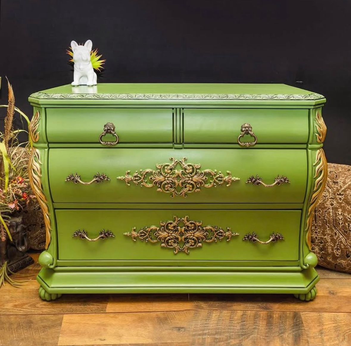 green emerald velvet dress Henley Scalloped Edge 6 Drawer Wide Dresser, Sage Green