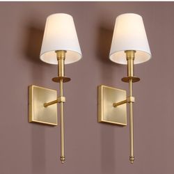 Yosoan Indoor Boho Retro Wall Sconce Set of 2, Vintage Industrial Brass Antique Hardwired Champagne Bronze Flared Fabric Shade for Bedroom Living Room