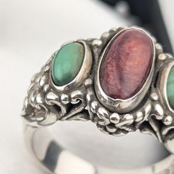 Carolyn Pollack Relios Sterling Purple Spiny Oyster & Green Turquoise Ring For Women 